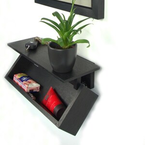 Op de afbeelding: Zwart aan de muur gemonteerd rek met een scharnierend compartiment. Een kleine potplant en sleutels liggen op de bovenste plank. Het open compartiment onthult een rode tube en een doos tissues. Een spiegel staat erboven.