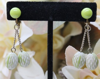Vintage Lime Green Bead Drop Clip Earrings, Hong Kong Made