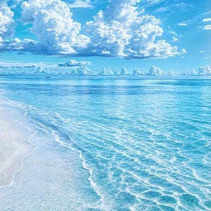 May include: A serene seascape featuring a bright blue sky filled with fluffy white clouds. The turquoise water gently laps against a white sandy beach. The image captures a tranquil coastal scene, evoking a sense of peace and natural beauty.