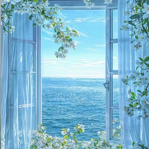 May include: An open window with a view of the ocean and sky. White flowers and green leaves cascade around the window frame and sheer curtains. The ocean is a deep blue, and the sky is a light blue with wispy clouds.