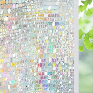 May include: A close-up of a textured, iridescent surface with a mosaic-like pattern. The surface reflects a spectrum of colors, including pink, yellow, green, and blue. The design resembles a shimmering, multi-colored net or fabric.