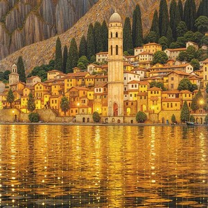 May include: A picturesque landscape painting of a European village nestled along a lake. The scene features a tall, ornate bell tower, buildings with orange-tiled roofs, and lush green trees. The water reflects the warm glow of the lights, creating a serene atmosphere.