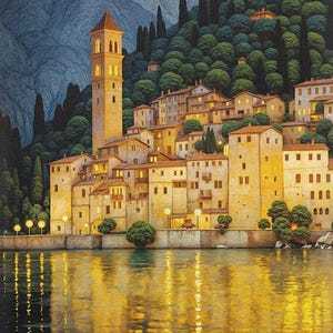 May include: An artistic painting of a European village at dusk. The scene features a tall, illuminated bell tower, buildings with orange rooftops, and a reflective lake. The background includes a mountain and lush green trees.