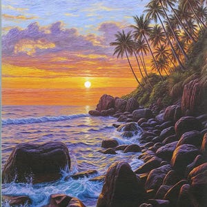 May include: A vibrant painting of a tropical sunset over the ocean. The sky transitions from orange to purple, with palm trees on a rocky shore. Waves crash against the dark rocks, creating a serene coastal scene.