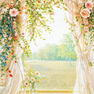 May include: A scenic view through a window, framed by cream-colored curtains and adorned with vibrant floral arrangements. The scene includes a vase of flowers on the windowsill and a bright, sunny landscape visible through the window.