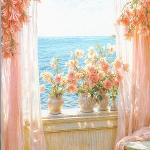 May include: A serene window scene with peach-colored curtains and floral arrangements in ornate vases. The ocean is visible through the window. The image evokes a sense of tranquility and natural beauty.