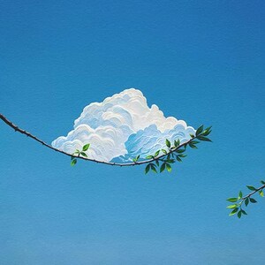 May include: A whimsical painting of a cloud suspended on a tree branch against a bright blue sky. The cloud is fluffy and white, with hints of blue. Green leaves adorn the branch, adding a touch of nature to the surreal scene.