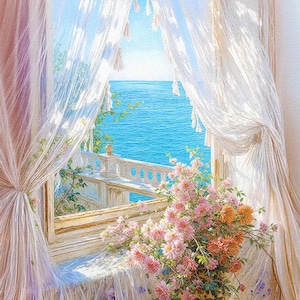 May include: A painting of a window overlooking a bright blue ocean. Sheer white curtains frame the view, with a balcony and flowers in the foreground. Pink and orange flowers sit on the windowsill, adding a touch of color to the serene scene.