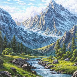 May include: A landscape painting of a mountain range with snow-capped peaks. A river flows through a valley with green grass and trees. The sky is blue with some clouds.