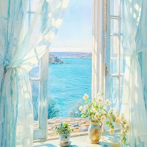 May include: A watercolor painting depicts an open window overlooking a bright blue ocean. Sheer, light blue curtains frame the view. A windowsill holds a small potted plant and a vase of white flowers. The scene evokes a sense of tranquility and coastal charm.