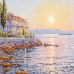 May include: A scenic painting of a coastal landscape at sunset. A large white building with a red tile roof sits on a cliff overlooking the water. The sun is setting over the water, casting a warm glow over the scene. The water is calm and reflects the colors of the sky.