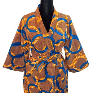 Orange Ring Multi-Color African Print Ankara Kente Bridal Bridesmaid Kimono Robe with Pockets