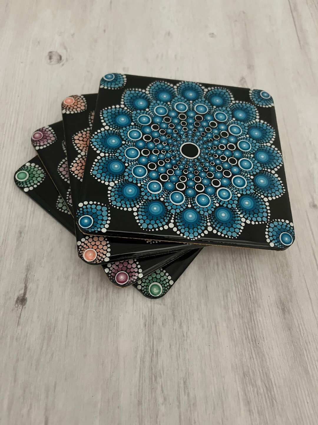Hand Painted Wooden Coasters/dot Art Mandala Coasters/four Etsy