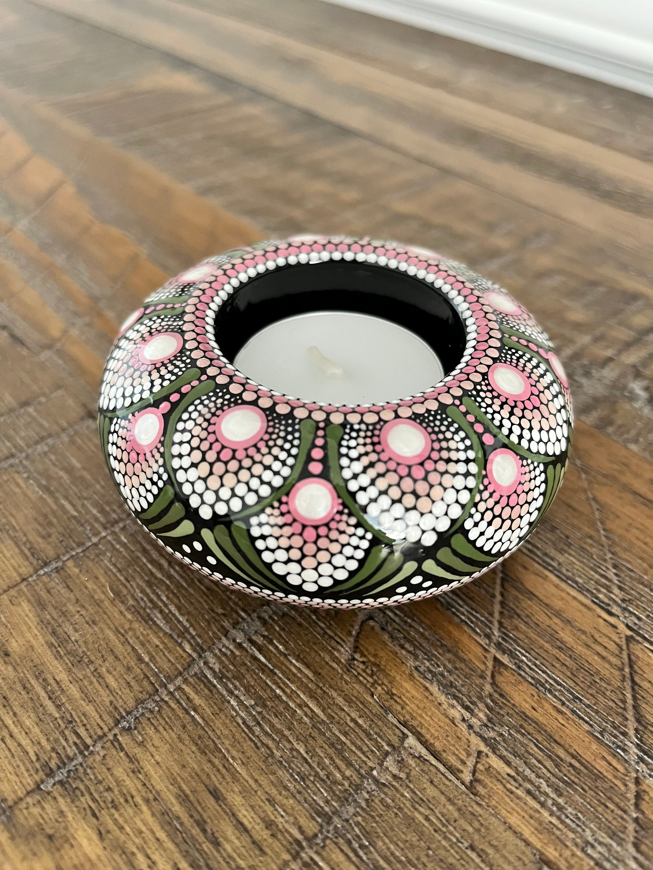 Green and Rose Pink Tea Light Holder, Hand Painted Tea Light Holder