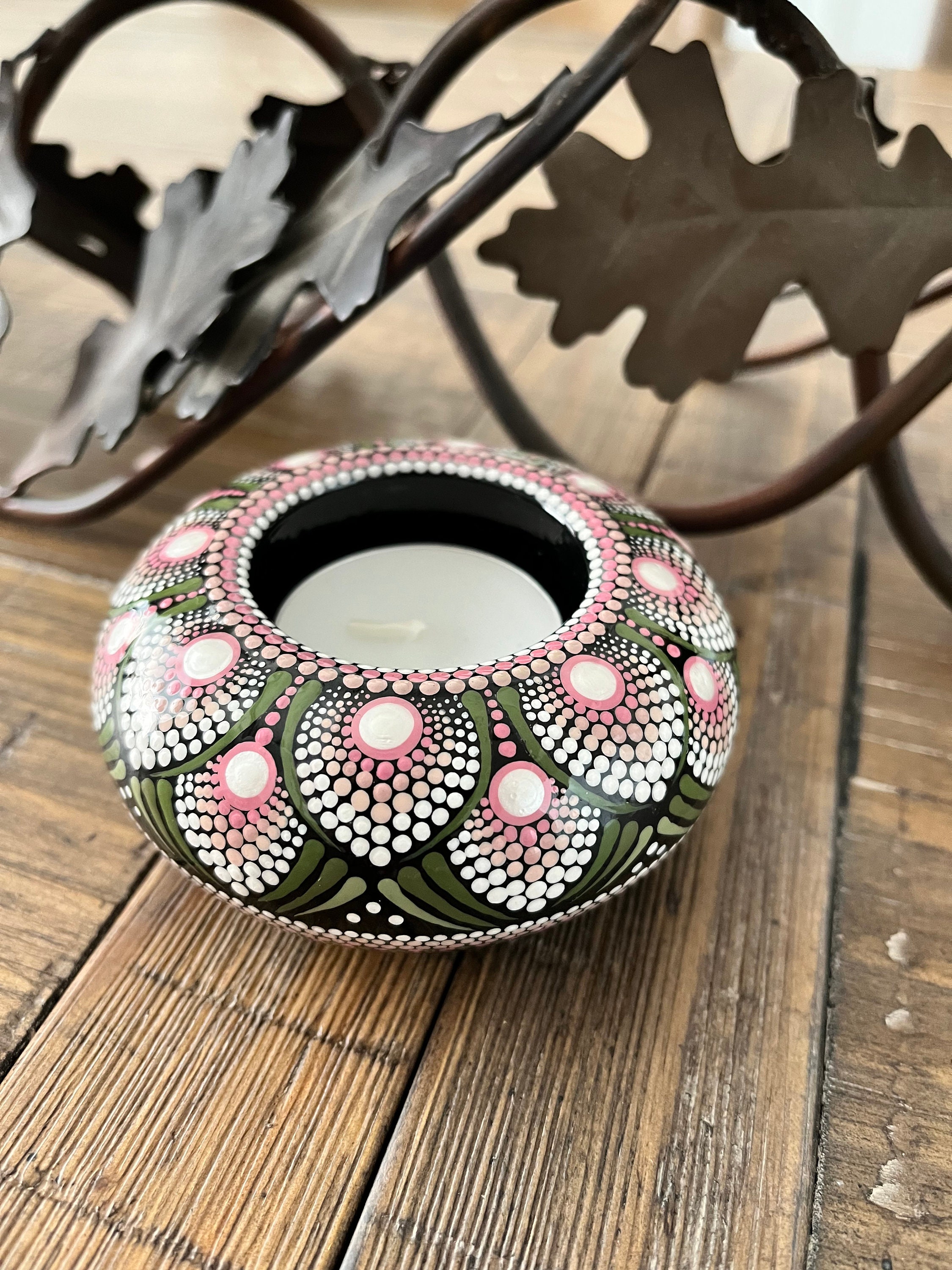 Green and Rose Pink Tea Light Holder, Hand Painted Tea Light Holder