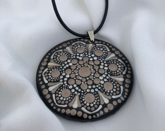 Mandala Pendant / Mink Pearl Metallic and Silver Wooden Pendant / Hand Painted Dot Mandala Necklace / Jewelry