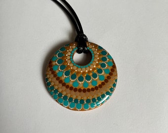 Teal and Brown dot art hand painted wood hoop pendant, Wood pendant, Necklace, Jewelry