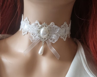 Choker Necklace Vintage Pendant Pearl Classic Gothic White Lace Retro Wedding UK