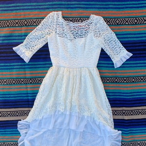 Vintage Handmade Lace Bohemian Country Styled Ruffle Hi-Low Wedding Prom Dress, 34” Bust, 28” Waist, Women’s Medium, Open Back
