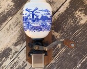 Vintage Blue Delft Style Wall Mounted Coffee Grinder Windmill Pattern Hand Crank
