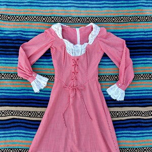 Vintage 1970’s Handmade Cottagecore Gingham Dress, Women’s Medium, 26” Waist, Gunna Sax Inspired Prairie Maxi Dress, Corset Lace Front