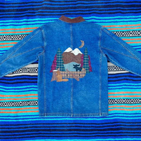 Vintage Denim Forest Patchwork Jacket with Mountains and Critters, Women’s Large, Oversized Jean Jacket