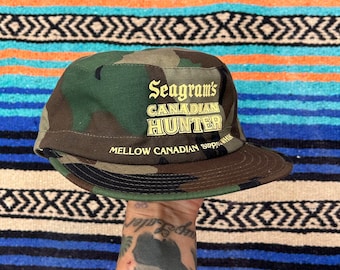 Vintage 1980’s Seagrams Canadian Whiskey Camo Hat, Canadian Hunter Cap, Made in USA, Camouflage Trucker hat