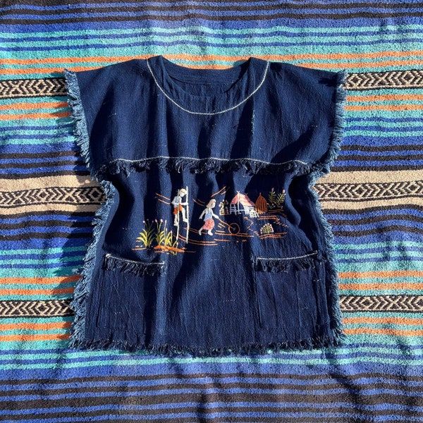 Vintage Handmade Guatemalan Denim Embroidered Poncho, One Size, Boho Jean Frayed Top with Pockets