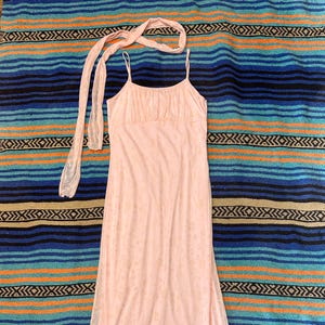 Vintage 1990’s Long Dainty Floral Spaghetti Strap Dress with Neck Tie, Women’s Small, Semi Sheer Baby Pink Dress