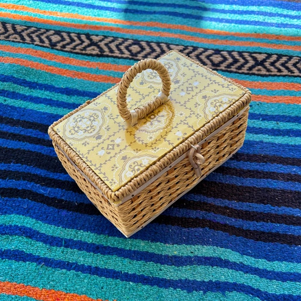 Vintage 1960’s Scovill Sewing Box, Made in Japan, Wicker Jewelry Box, Yellow Paisley Decor