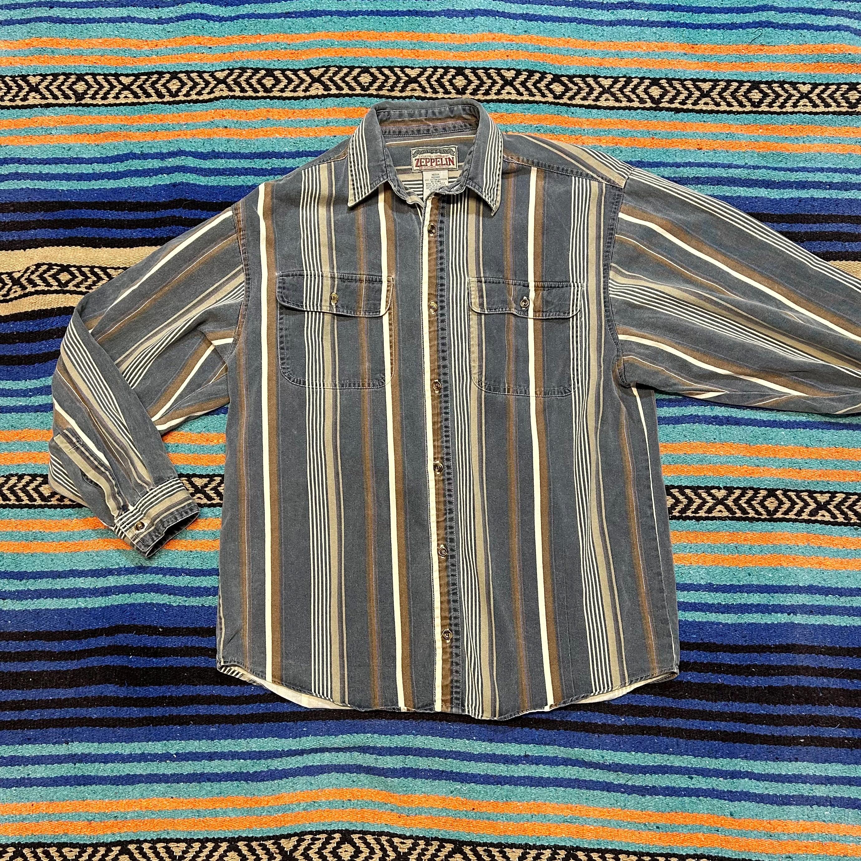Vintage 1990’s Zeppelin Denim Striped Long Sleeve, 100% Cotton, Men’s Medium, Neutral Western Button Down with Pockets