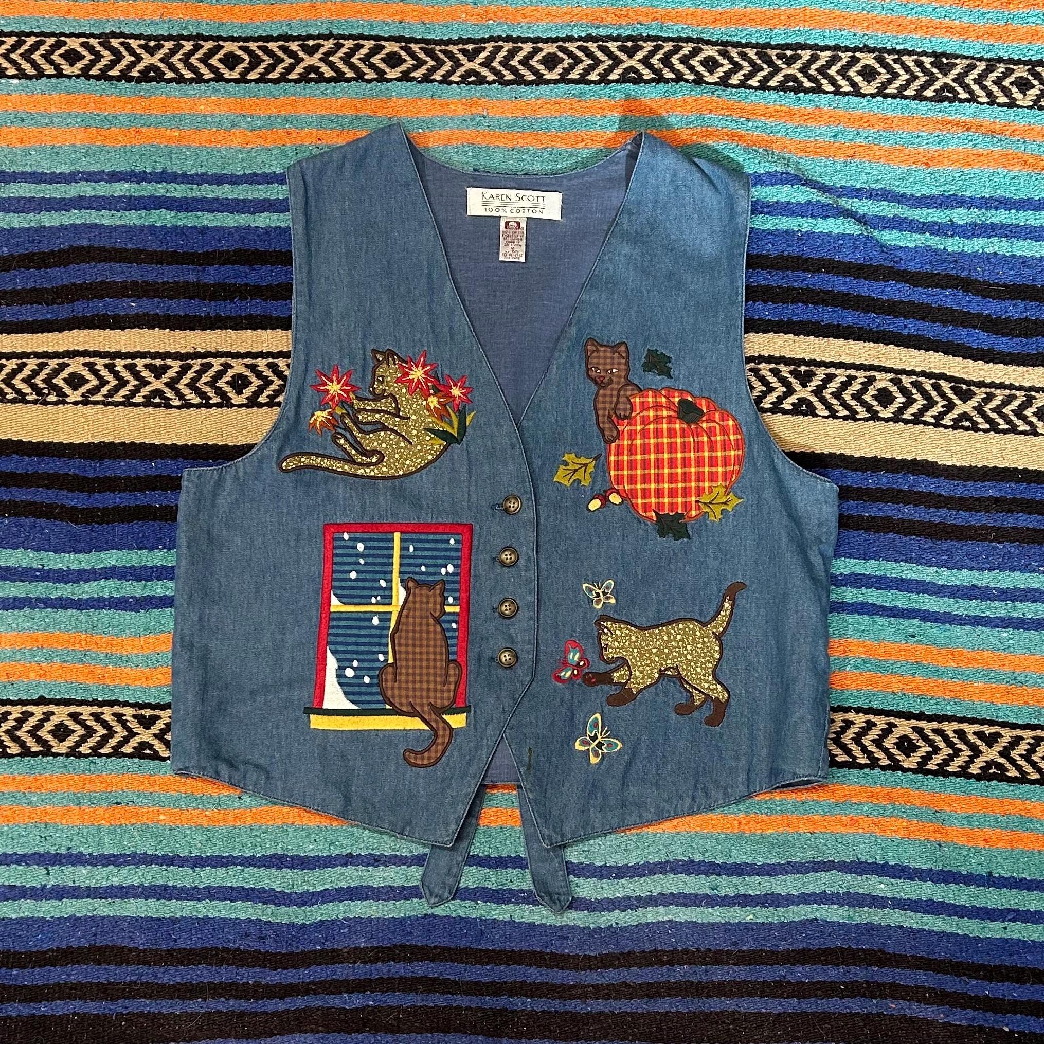 Vintage 1990’s Fall Embroidered Cat Vest, Women’s Medium, 100% Cotton Autumn Four Seasons Jean Vest