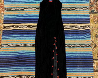 Vintage 1990’s Timing Black Velvet Rose Dress with Slit, Women’s XS, Made in USA, Spaghetti Strap Velour Gothic Dress