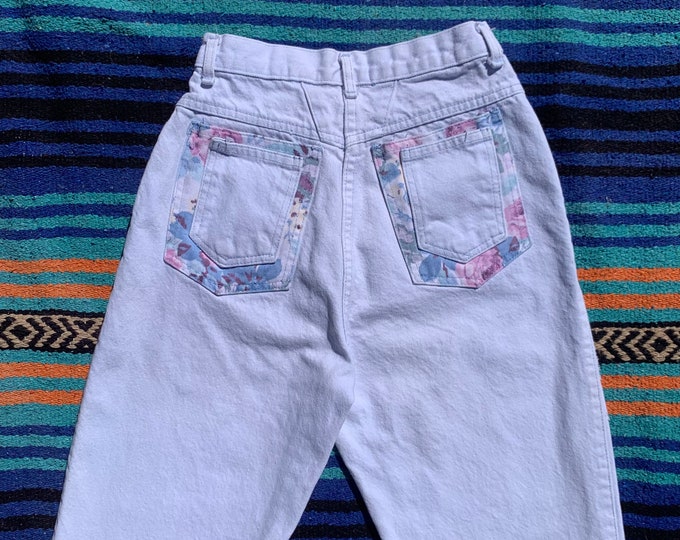 Vintage 1990 Action West High Waisted Floral Patchwork Jeans, 25 Waist, 11 Rise, Made in USA