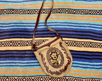 Vintage Leather Tooled Cross Stitched Bag, Made in Spain, Leather and Suede Cottagecore Styled Purse