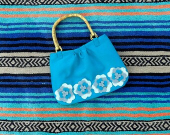 Vintage Handmade 1960’s Styled Bamboo Handle Purse, Felt Blue and White Pinup Handbag, Small Top Handle Bag