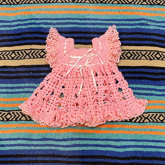Vintage Handmade Crochet Pink Bow Dress: Baby Girl Knit, 6-9 Months