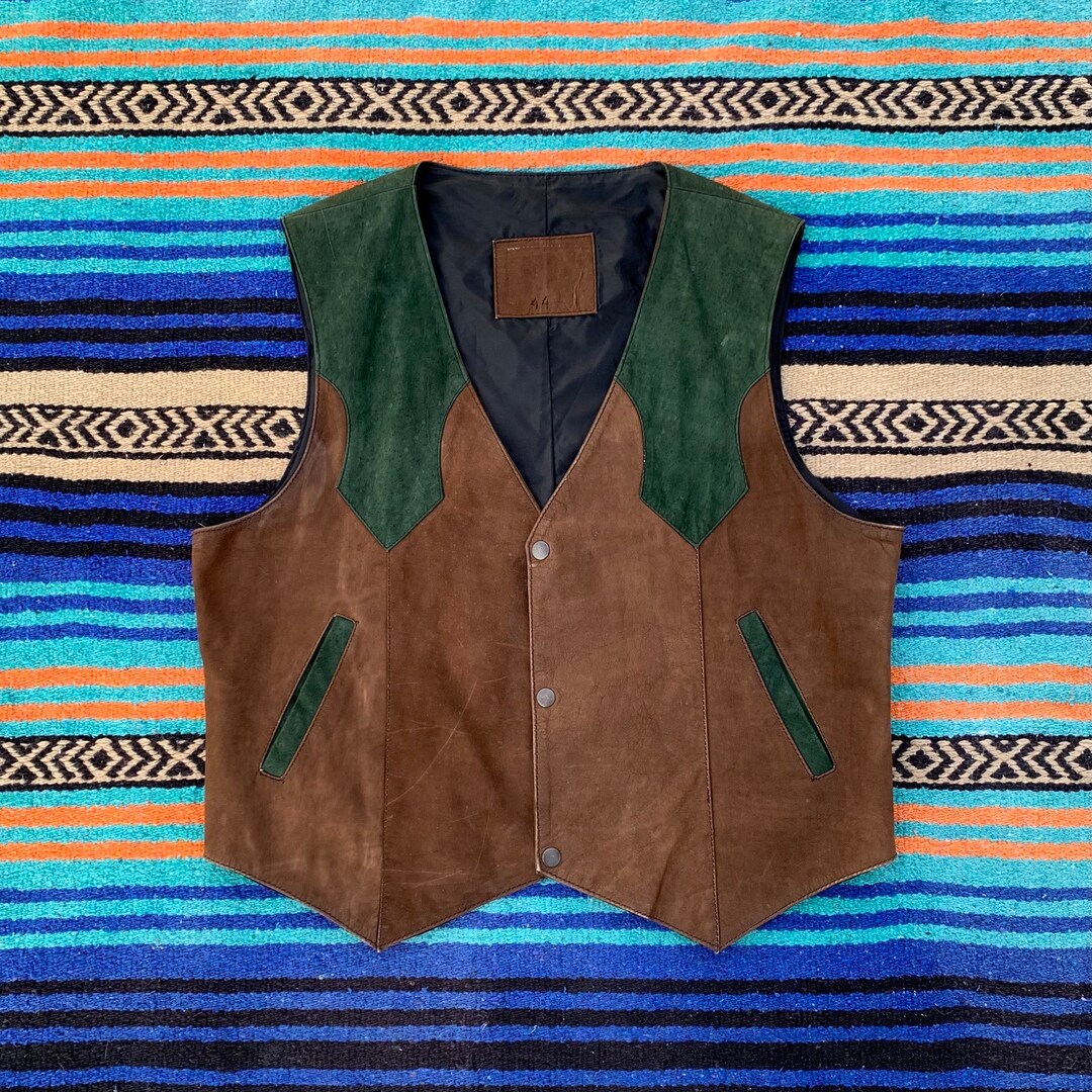 Vintage Western Leather Brown and Green Vest Mens XL Formal Etsy