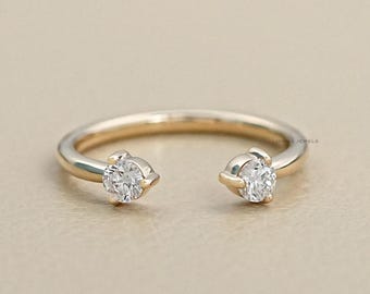 Round Cut Natural Diamond Open Cuff Ring / Prong Set Yellow Gold Two Stone Ring / Handcrafted Dainty Cuff Ring/ Wedding Gift For Wife