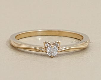 Round Natural Diamond Bridesmaid Ring/ Cat Face Diamond Ring For Anniversary Gift/ 14K Solid Gold Diamond Ring/ Animal Lover