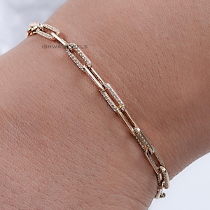 Natural Round Diamond Paperclip Bracelet / Pave Set Diamond Linked Chain Wedding Bracelet / Minimalist Anniversary Bracelet For Women