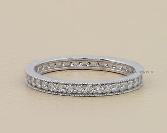 Vintage Style Diamond Band For Anniversary Gift/ Round Natural Diamond Bridesmaid Band/ 14K Solid Gold Diamond Milgrain Work Women's Band