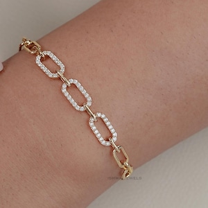 Natural Round Diamond Paperclip Bracelet/ Pave Set Round Diamond Dainty Bracelet/ Handcrafted Paperclip Chain Bracelet/ Daily Wear Bracelet
