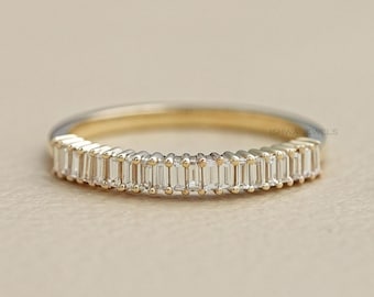 Baguette Cut Natural Diamond Eternity Band/ Prong Set Half Eternity Wedding Band For Women/ Minimalist Earth Mind Diamond Solid Gold Band