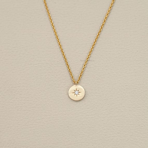 Round Cut Natural Diamond Gold Plated Pendant / 14K Yellow Gold Compass Pendant / Earth Mined Diamond Coin Charm Pendant / Dainty Jewelry