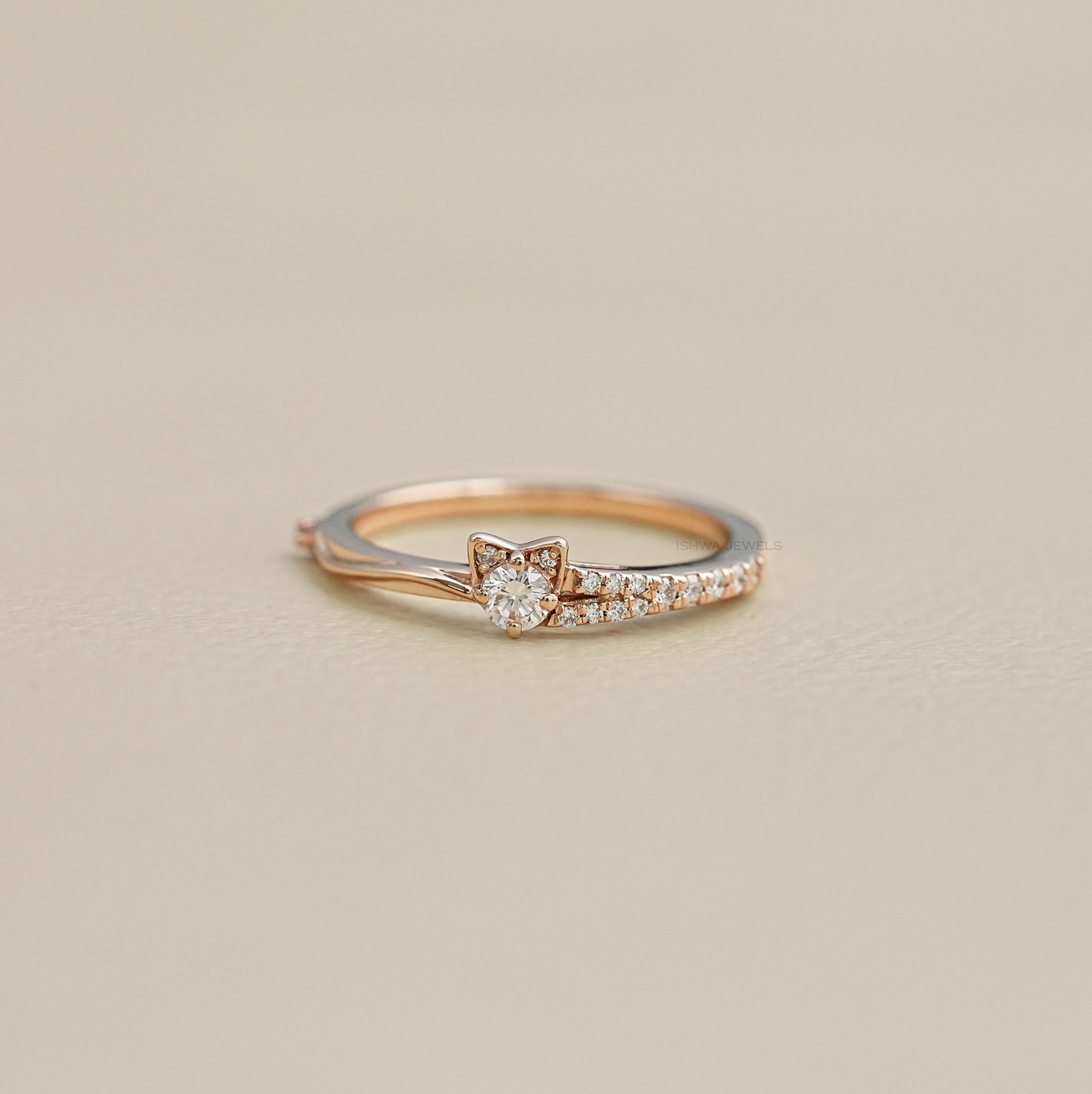 Round Cut Natural Diamond Cat Face Ring / Delicate Daily Wear Anniversary Ring / Earth Mind Diamond Minimalist Ring / Solid Gold Women Ring