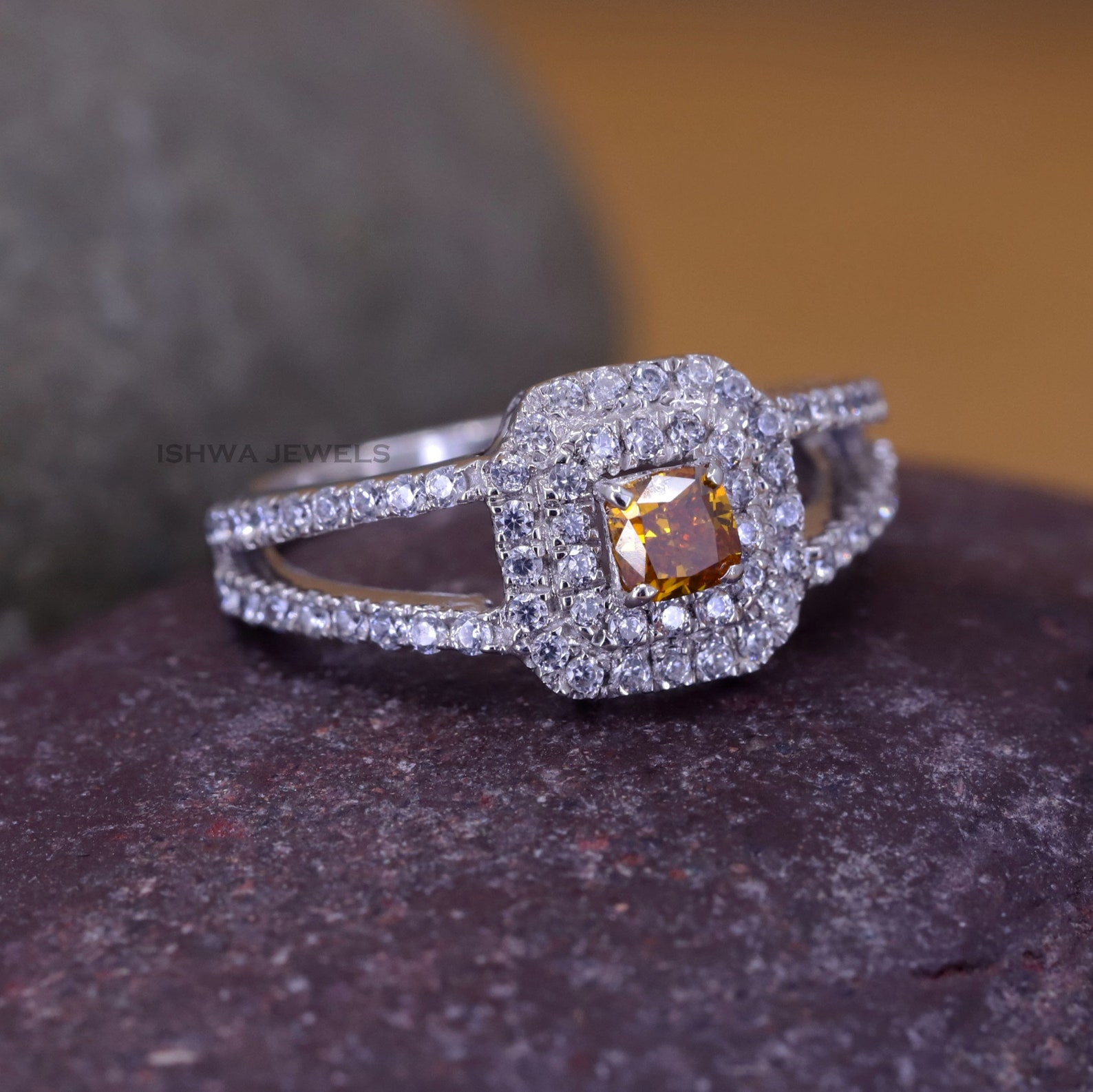 Orange Diamond Ring/ Natural Diamond Ring/ Cushion Cut Diamond Etsy