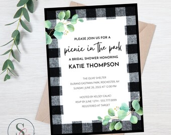 Invitación para despedida de soltera tipo picnic: cuadros vichy blancos y negros, eucalipto (plantilla editable, descarga instantánea)