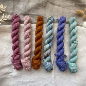 Könnte beinhalten: Sechs gedrehte Garnstränge in einer Reihe angeordnet. Die Farben von links nach rechts sind tiefes Magenta, zartes Altrosa, warmes Goldbraun, meliertes Hellblau mit Sprenkeln, leuchtendes Königsblau und ein einfarbiges blasses Minzgrün.