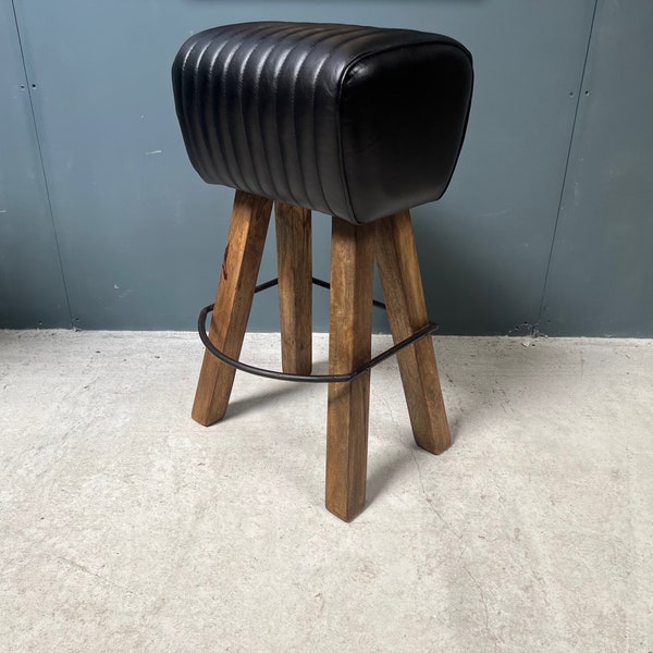 Ribbed Leather Pommel Horse Bar Stool in Black